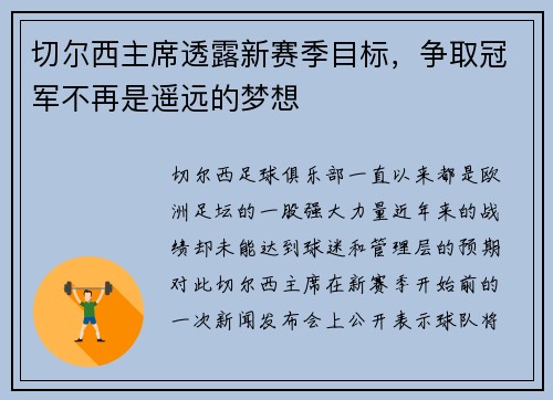 切尔西主席透露新赛季目标，争取冠军不再是遥远的梦想