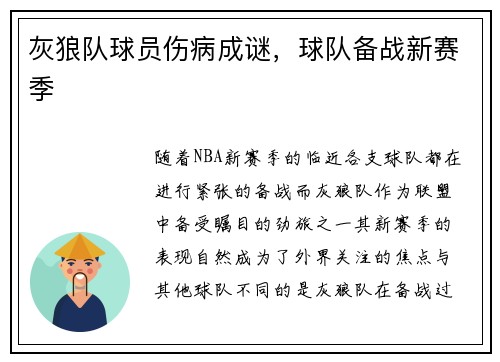 灰狼队球员伤病成谜，球队备战新赛季