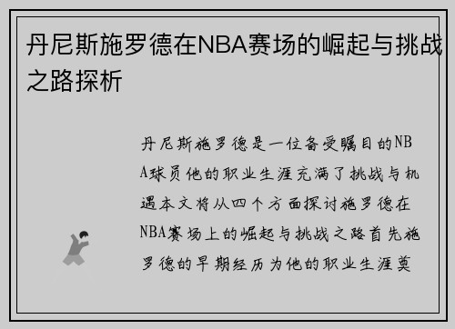丹尼斯施罗德在NBA赛场的崛起与挑战之路探析