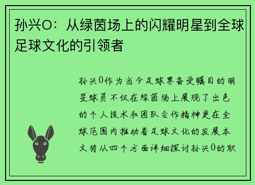 孙兴O：从绿茵场上的闪耀明星到全球足球文化的引领者