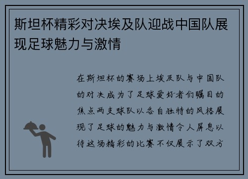 斯坦杯精彩对决埃及队迎战中国队展现足球魅力与激情