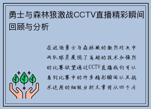 勇士与森林狼激战CCTV直播精彩瞬间回顾与分析