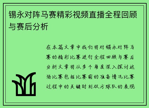 锡永对阵马赛精彩视频直播全程回顾与赛后分析