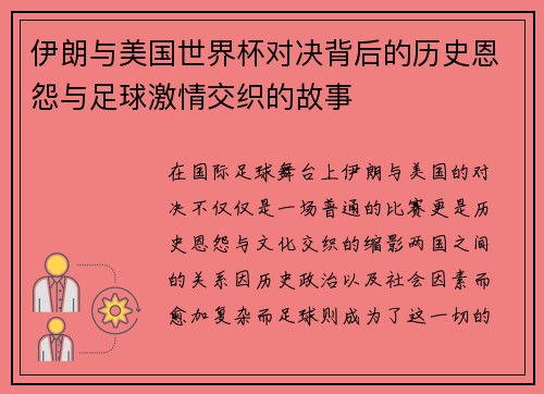 伊朗与美国世界杯对决背后的历史恩怨与足球激情交织的故事