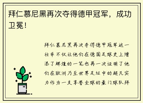 拜仁慕尼黑再次夺得德甲冠军，成功卫冕！