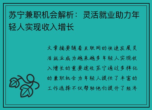 苏宁兼职机会解析：灵活就业助力年轻人实现收入增长