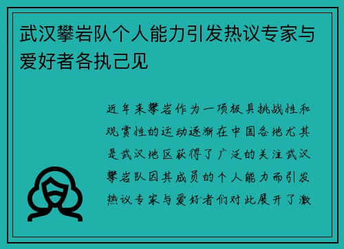 武汉攀岩队个人能力引发热议专家与爱好者各执己见