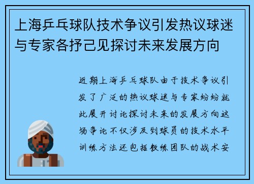 上海乒乓球队技术争议引发热议球迷与专家各抒己见探讨未来发展方向